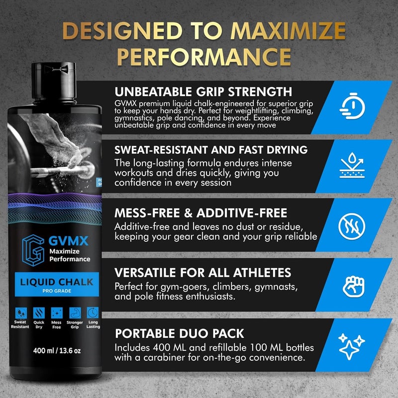 GVMX 50ML/100ML/400ML Superior Grip Premium Liquid Chalk. Long Lasting Mess-Free Gym Chalk for Weightlifting, Gymnastics, Climbing. Fast Drying Refillable Gym Accessories. Package May Vary. - Image 3